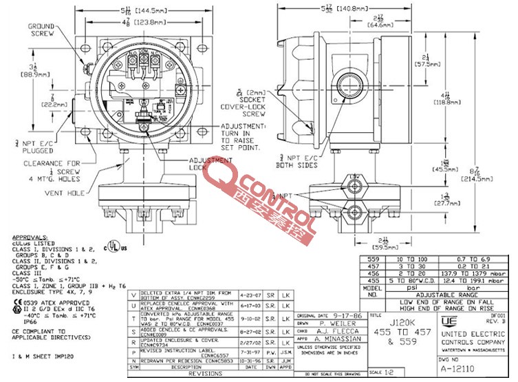 天津J120K-455美国UE风压微差压开关12.4-199.1mbar