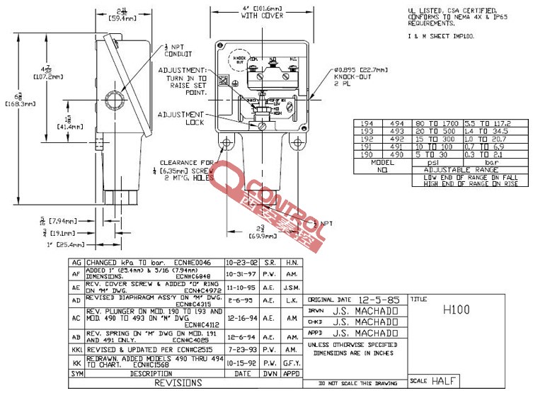 H100-191-M408/0.7-6.9bar美国UE联锁启动消火栓泵下限报警压力开关 